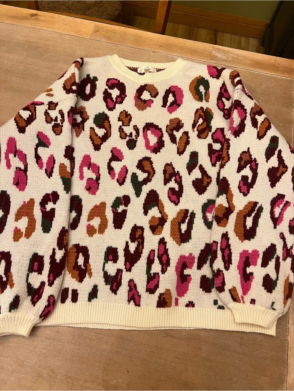 entro Cream Leopard-Print Crewneck Sweater with Pink & Brown Spots